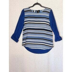 Ann Taylor Womens Top XS Blue Stripe‎ Roll Tab Sleeve Blouse